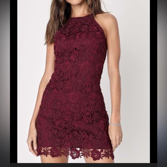 Lulus Love Poem Burgundy Lace Halter Mini Dress, Medium - Picture 1 of 7